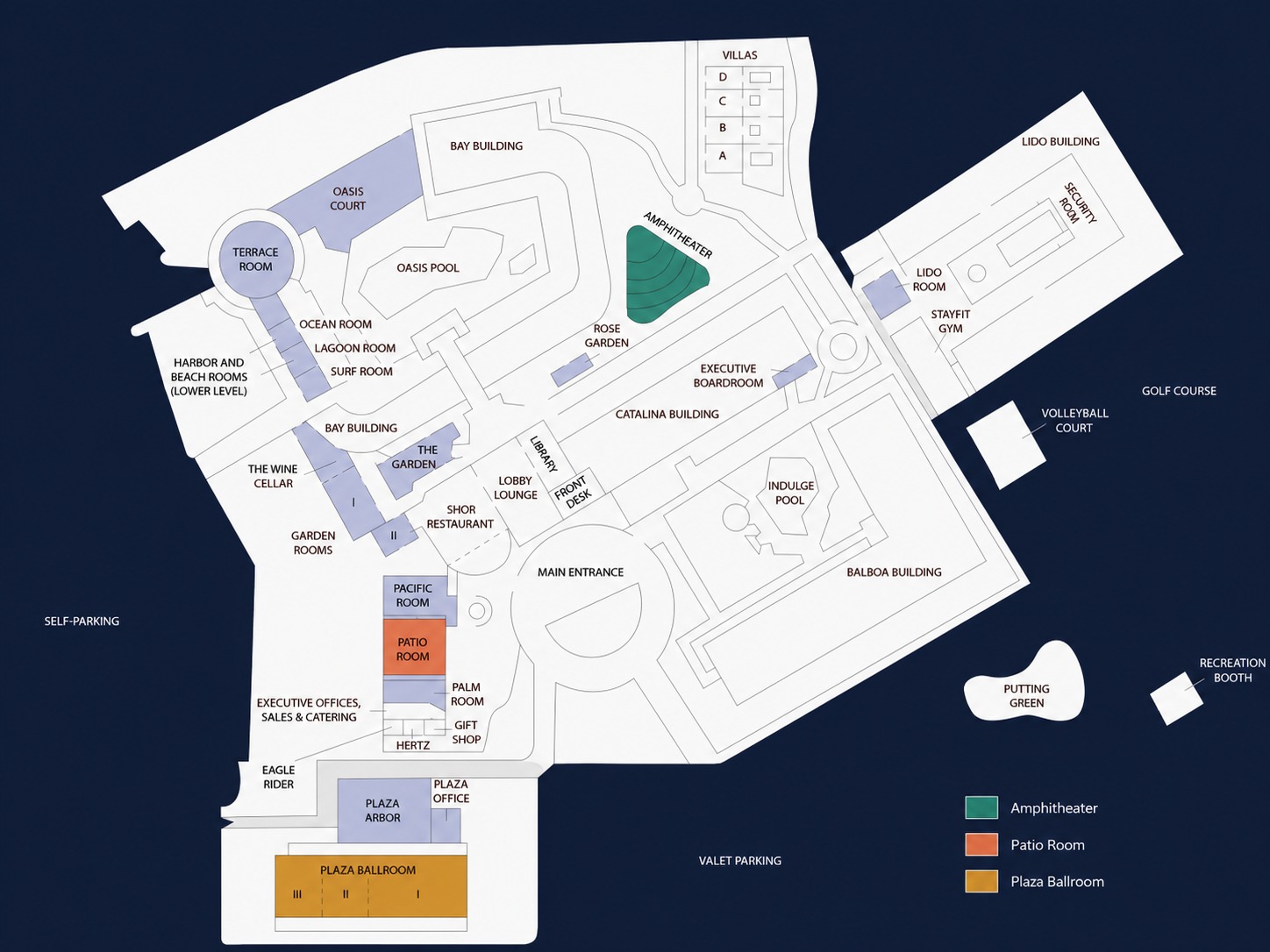 Hyatt Regency Newport Beach floor plan, with the CPAK XIV venues — the Amphitheater (teal), Patio Room (orange), and Plaza Ballroom (gold) — highlighted with a colour key